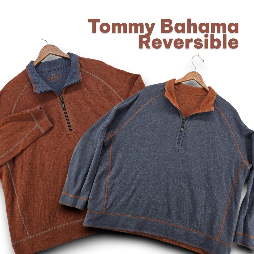 Tommy‎ Bahama Jeans Reversible Sweatshirt XL Mens Quarter Zip Rust Copper Blue